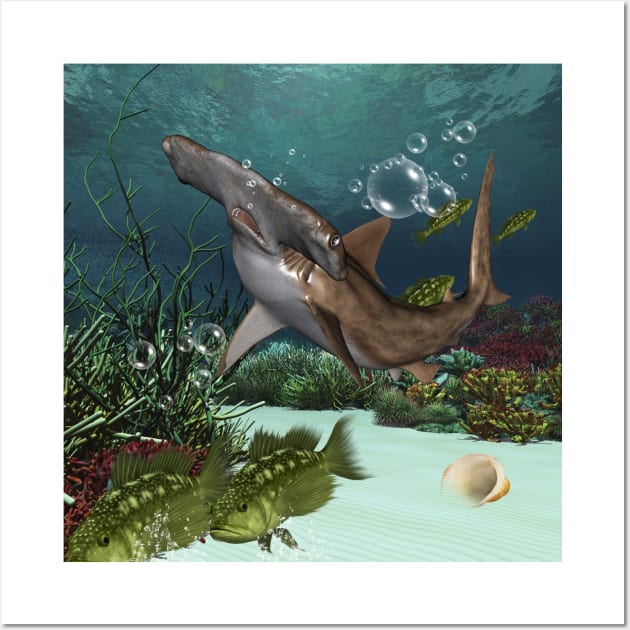 Awesome hammerhead in the deep ocean Wall Art by Nicky2342